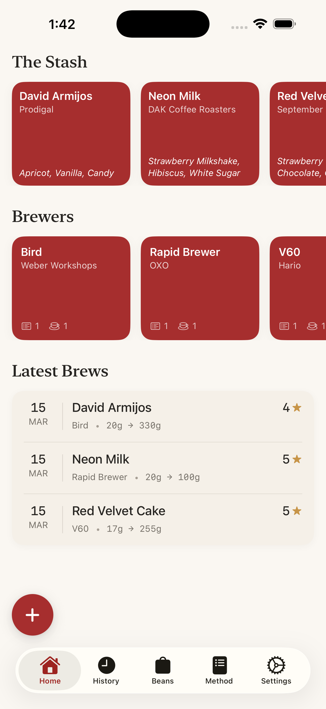 Varietal app home screen