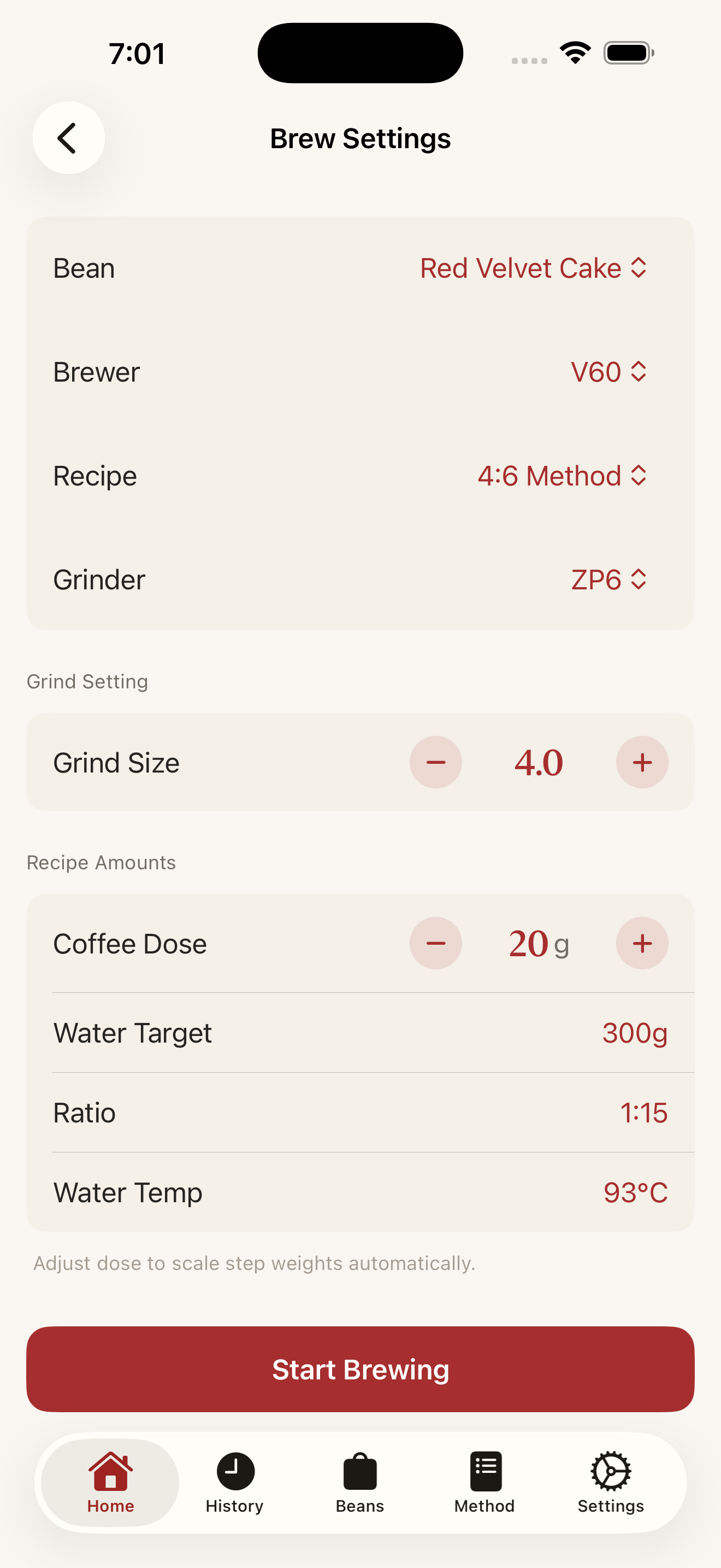 Quick Brew screen