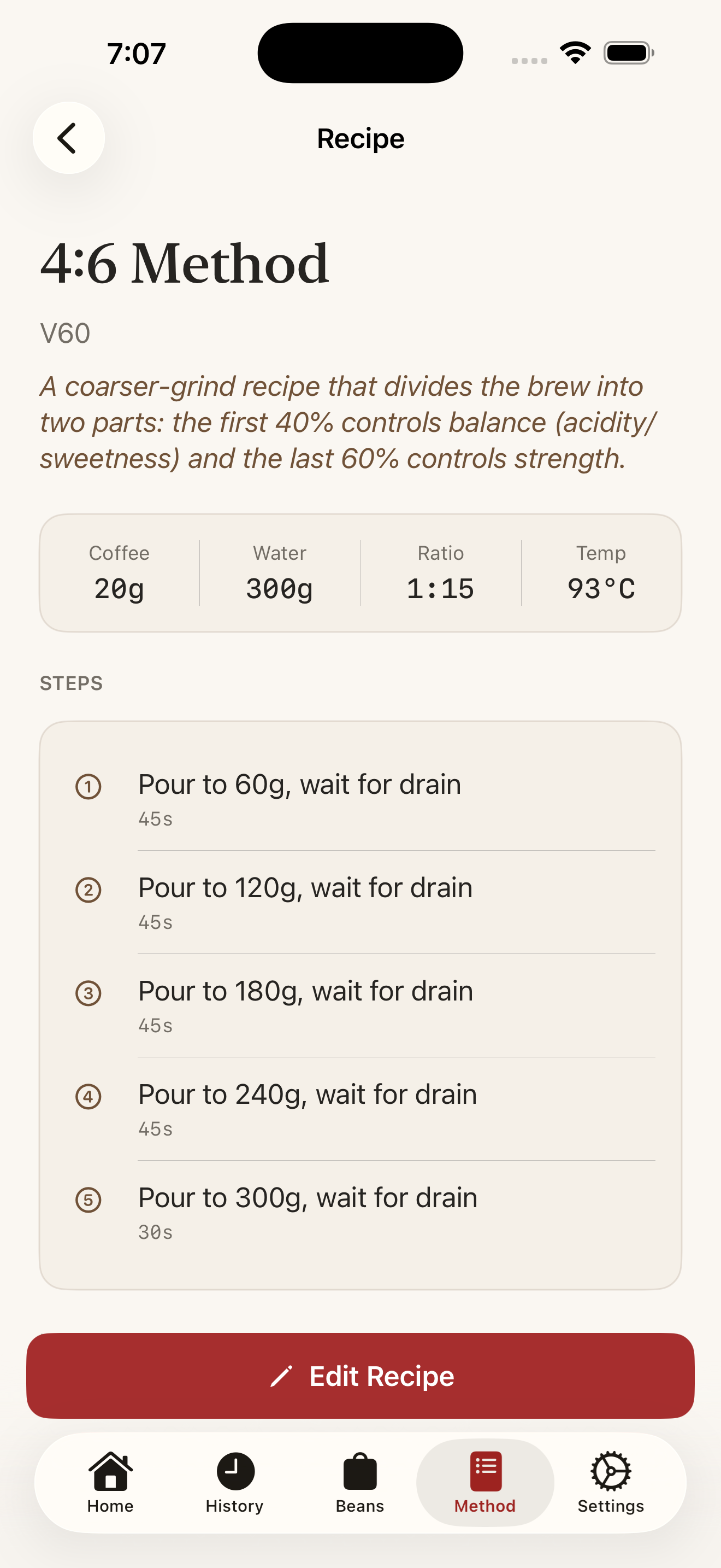 Recipes screen